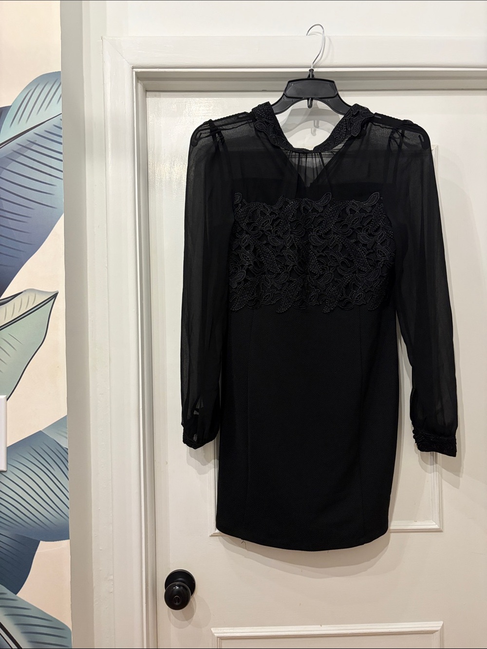 Double Zero Black Lace Appliqué Sheer Sleeve Dress